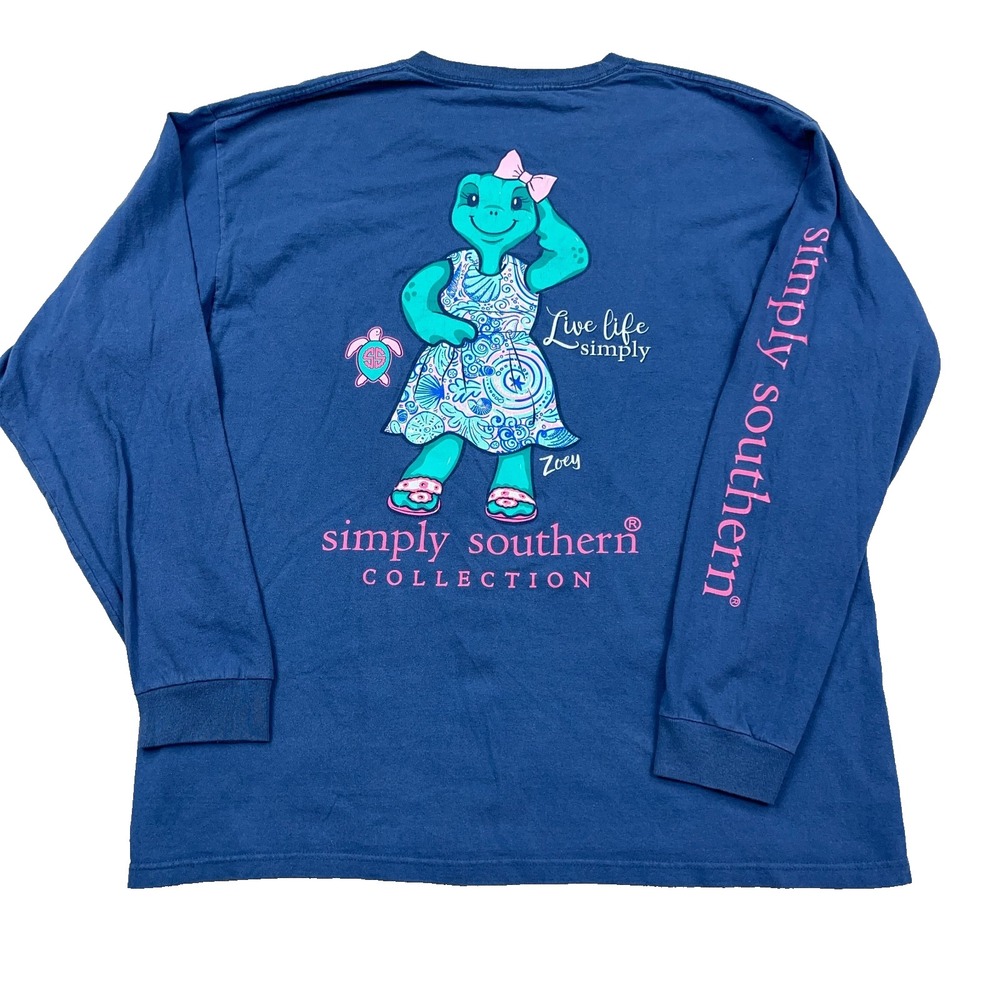 Simply Southern Shirt Women XL Blue Long Sleeve Tee Pink Spellout Turtle Top